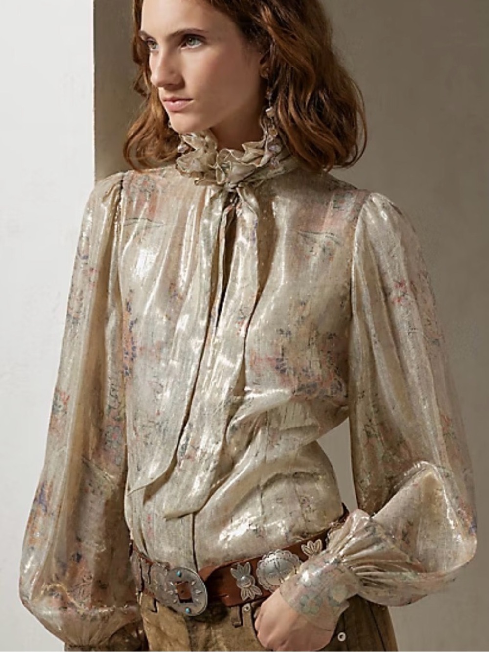 Ralph Lauren Collection Kalen Metallic Tapestry Dream-Print Ruffle Collared Top